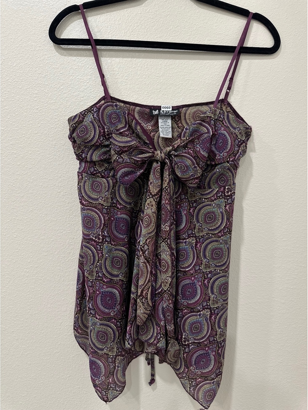 Vintage Purple Paisley Fairy Spaghetti Strap Top with Front Bow Tie Size Large